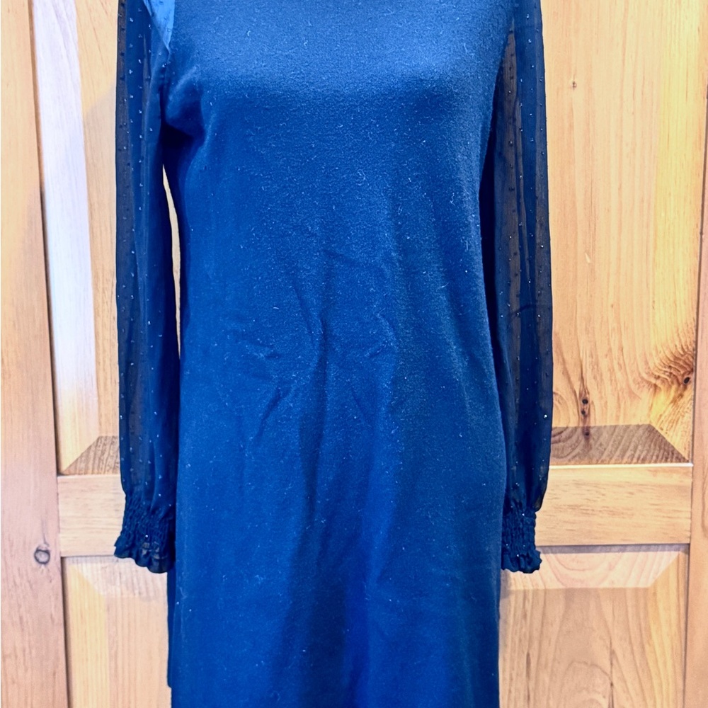 LOFT Black Dress with Sheer Long Sleeves